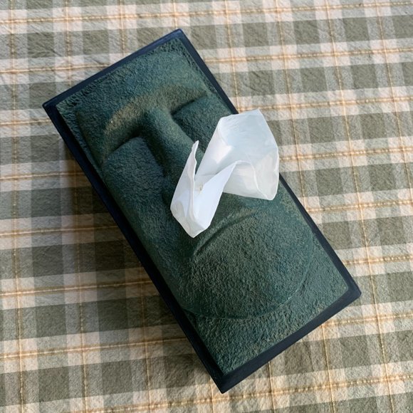 VTG Easter Island Moai Head Tissue Box Cover Polynesian Green Resin Retro Tiki - Picture 9 of 12